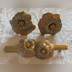 Elegant Monet Floral Gold,Blue and Pink Brooch and Earrings Set